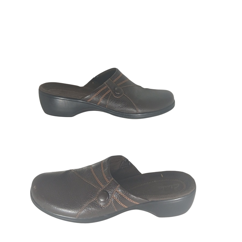 Clarks Leather Mules 11M Brown Contrast Stitch Comfort Clogs Granola Girl Earthy